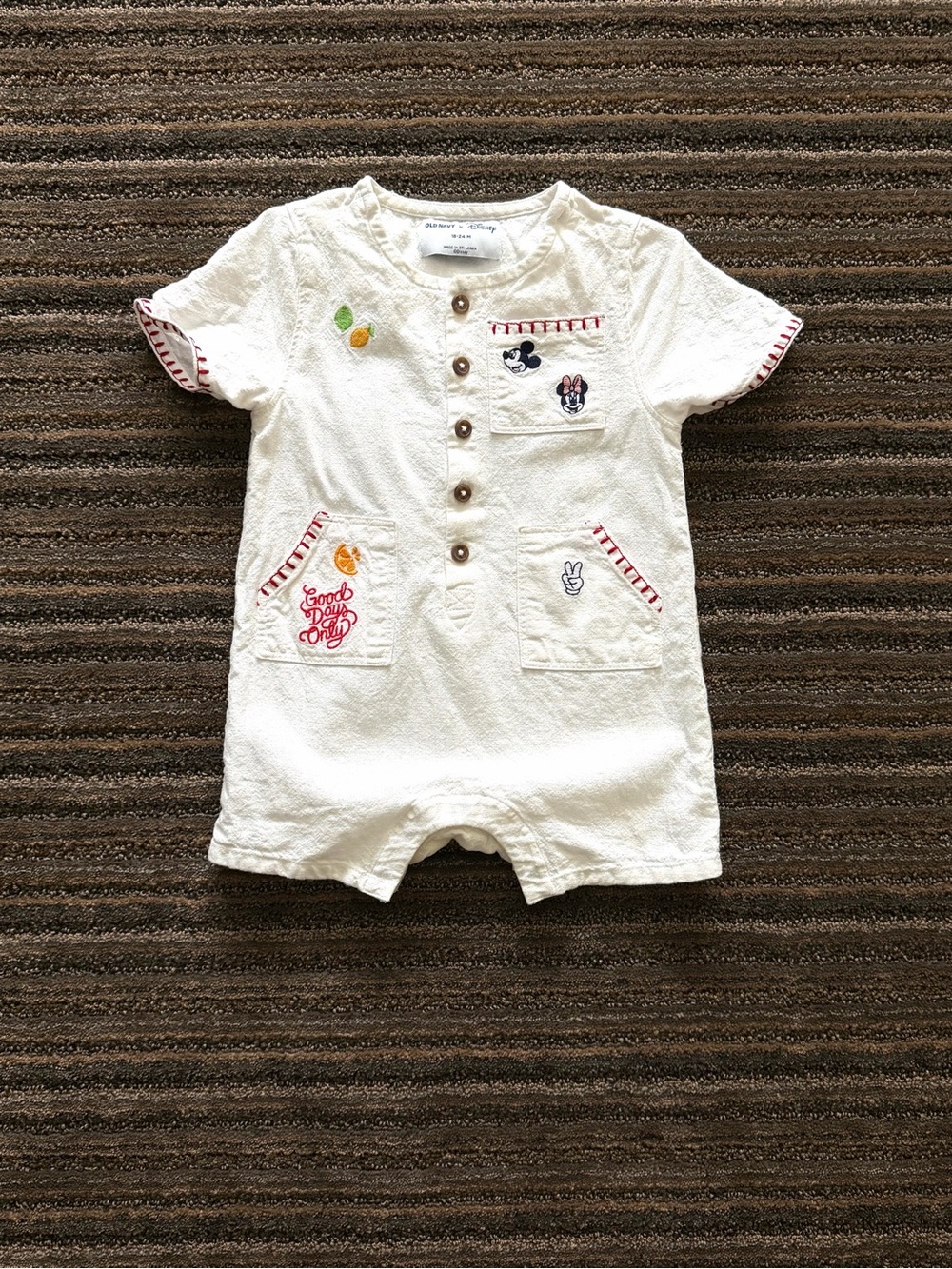 Old Navy Baby White Short-Sleeve One-Piece Romper with Embroidered Disney